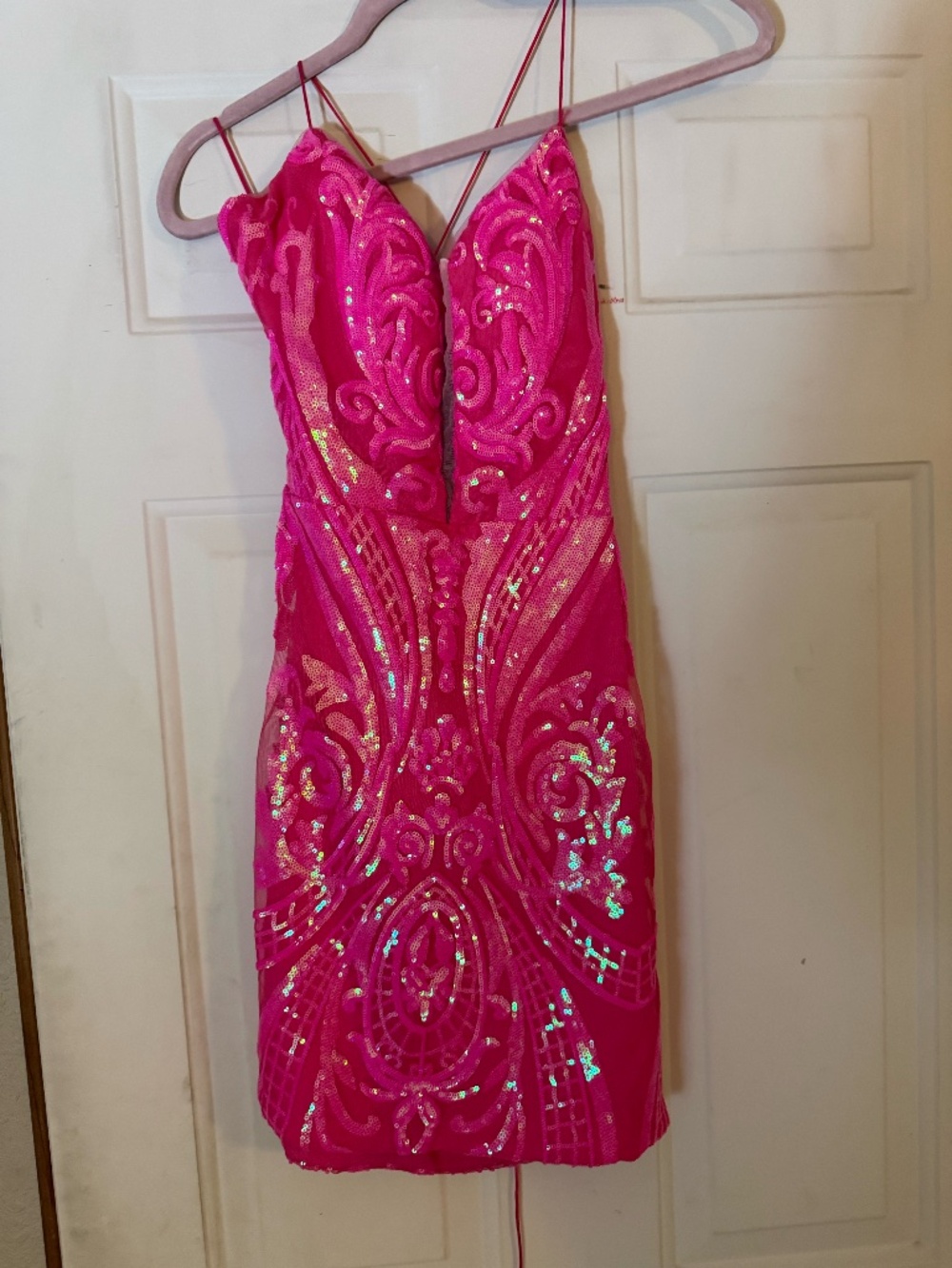 Hot Pink Sequin Bodycon Mini Dress Size 0 Lace-Up Back Party/Pageant